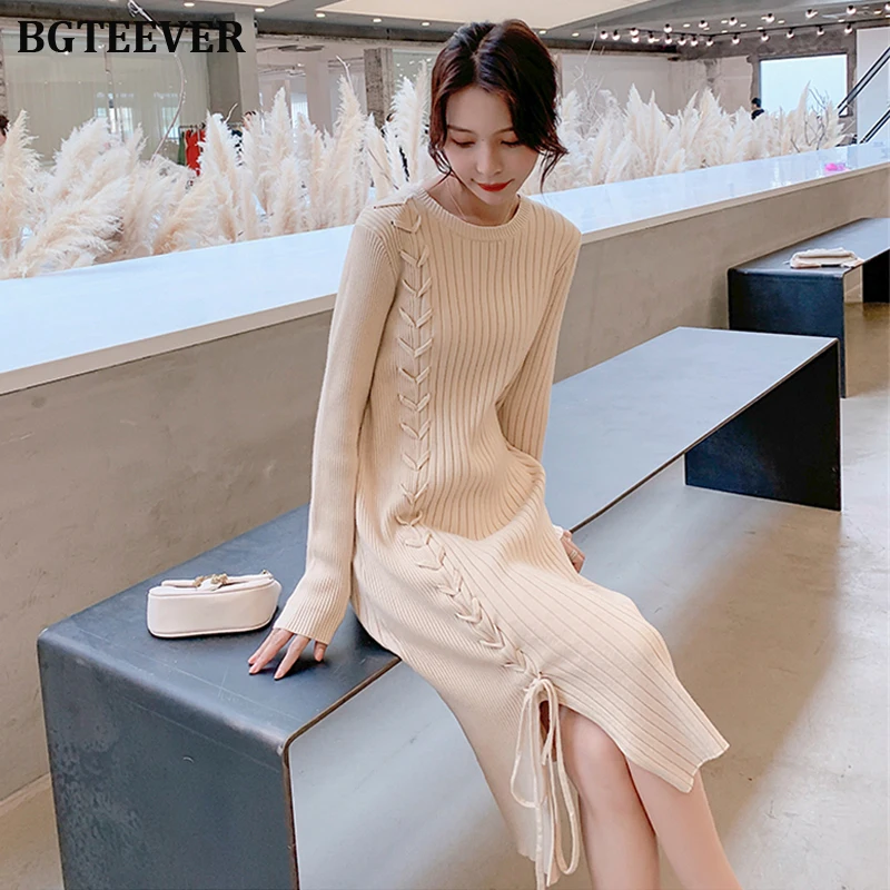 Повседневное платье BGTEEVER на шнуровке по бокам женское прямое свитер осенне