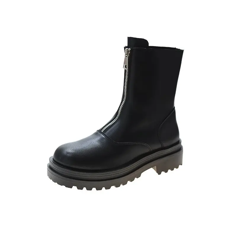 

Ladies Black Ankle Boots Casual Women Front Zipper Platform Boots PU Women Round Toe Solid British Style Short Martin Boots