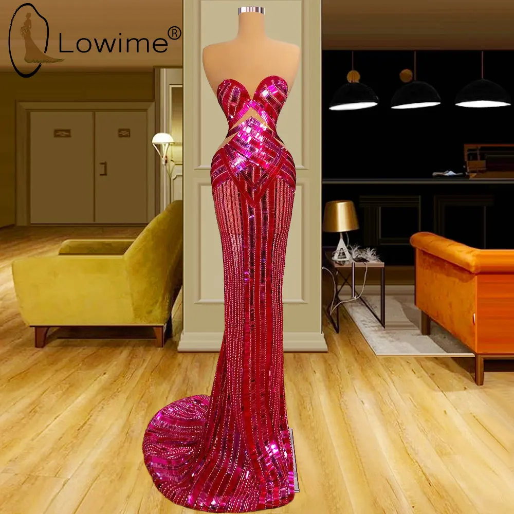 

Sexy Fuchsia Sparkly Sequin Mermaid Evening Dresses 2021 Arabic Illusion Long Party Prom Gowns Robes Formale Vestidos De Fiesta