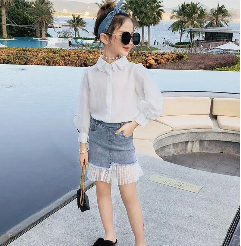 

Rlyaeiz Children's Clothing Girls' Skirts Denim 2020 Summer New Style kids Korean Cotton Pears Lace Patchwork Junior's Skirts