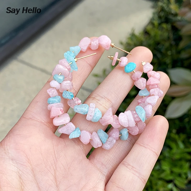SAY HELLO Women's Bohemian Geometric Stone Beaded Hoop Earrings Female Oversize Circle Pink Brinco F0238 | Украшения и