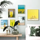 Картина на холсте с желтым подсолнухом, ананасом, пляжем, плакаты и принты в скандинавском стиле, настенные картины для гостиной, Декор без рамки