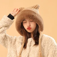 winter women cute knitted plush hats casual thicken faux rabbit fur hat womens outdoor windproof warm earflap caps