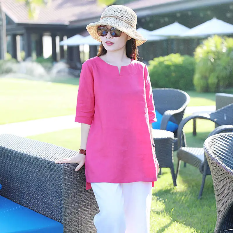 Plus size Tops Loose Cotton Linen Shirt Women Summer Blouses Short sleeve Solid color Elegant White Ladies Office Casual 4XL