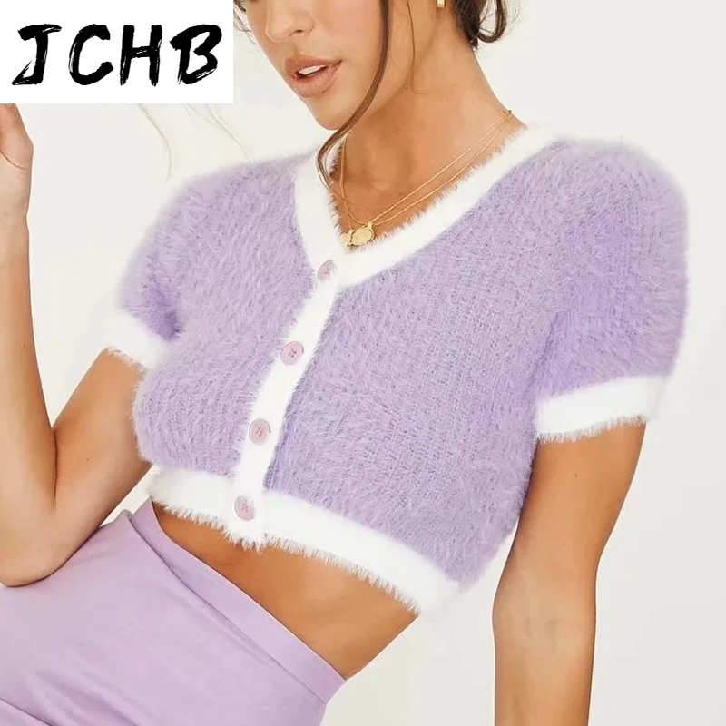 

SHZQJCHB Stylish Patchwork Cropped Cardigan Women V Neck Sweater Crop Tops Casual Short Sleeve Cardigan Sueter Mujer Fall 2021