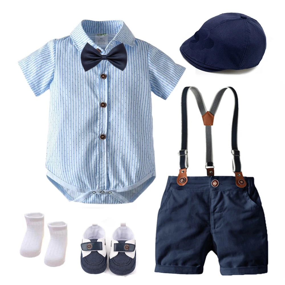 

Summer Hat Boys Clothes with Shoes Baby Outfit Set Bow Tie Harajuku Bib Suit 7-pieces Party Birthday Dresses Blue White Striped