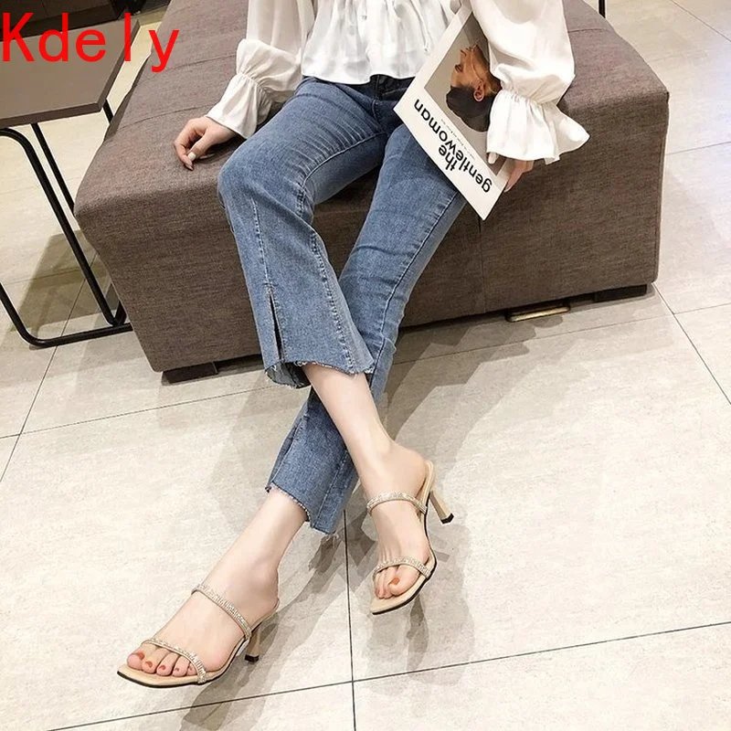 

Slipper Women Rhinestones High Heels Summer Shoes Woman Wedding Fashion Jelly Open Toe Mary Janes Mules Thin Heels Party Shoes