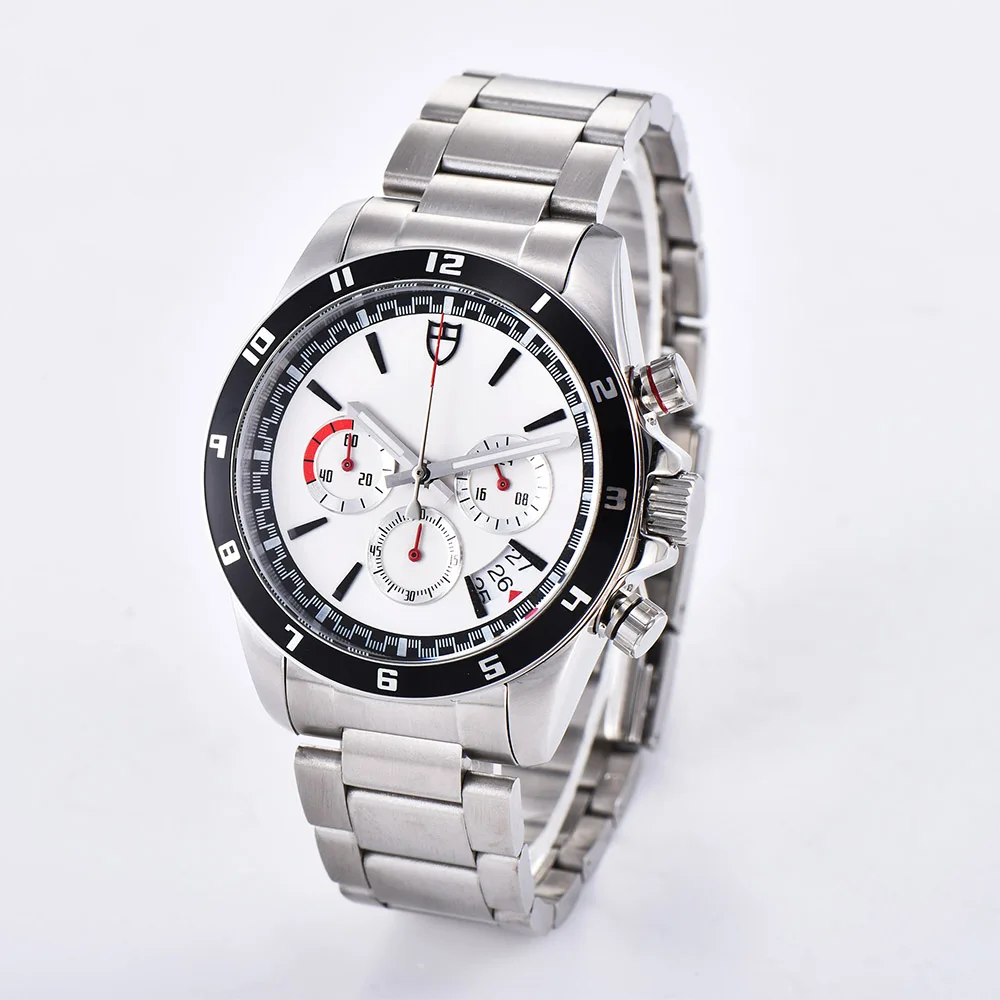 

Quartz VK63 movement bomax marina watch chronograph white dial 43MM pointer steel bracelet Mineral glass Aluminum bezel