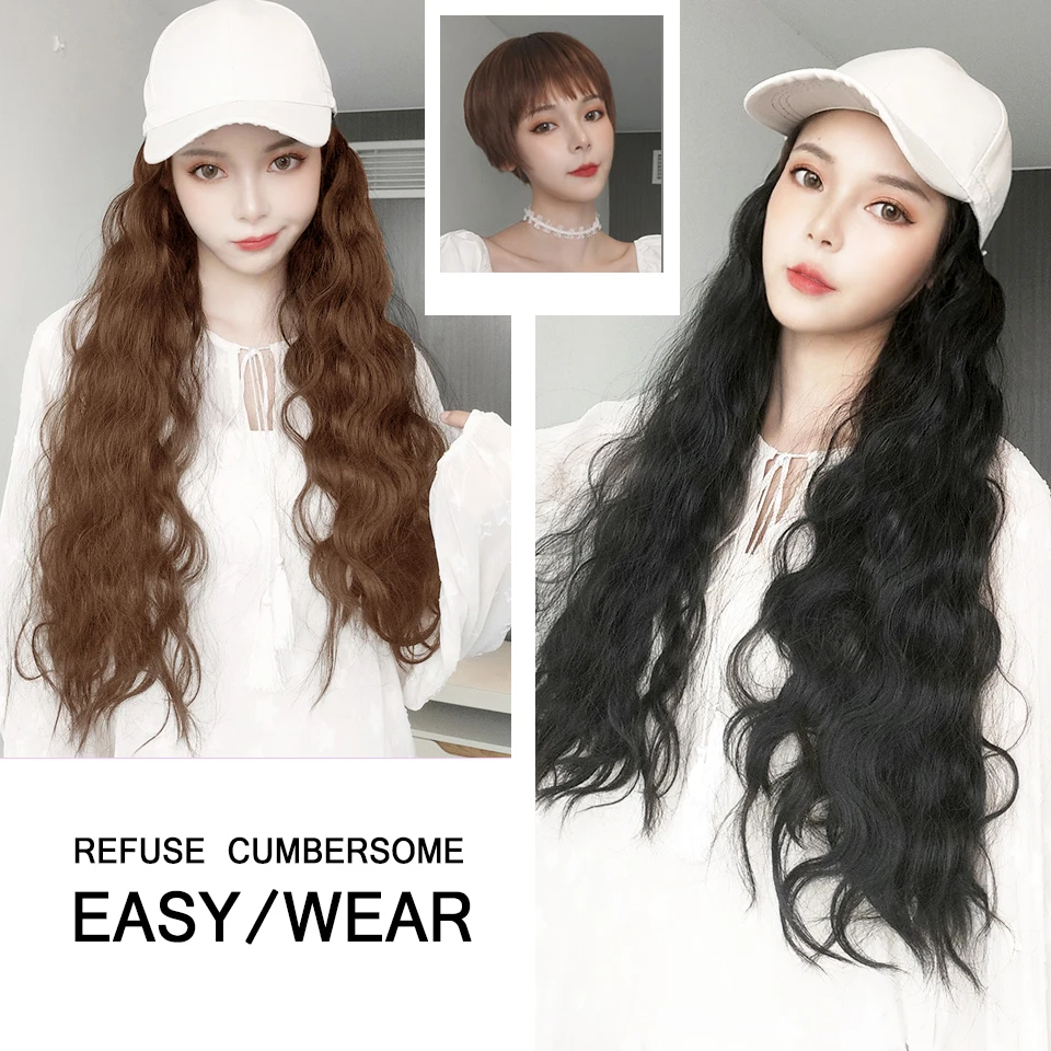 

HUAYA Long Curly Baseball Cap Hair Wig Natural Black / Brown Wigs Naturally Connect Synthetic Hat Wig Adjustable For Girl