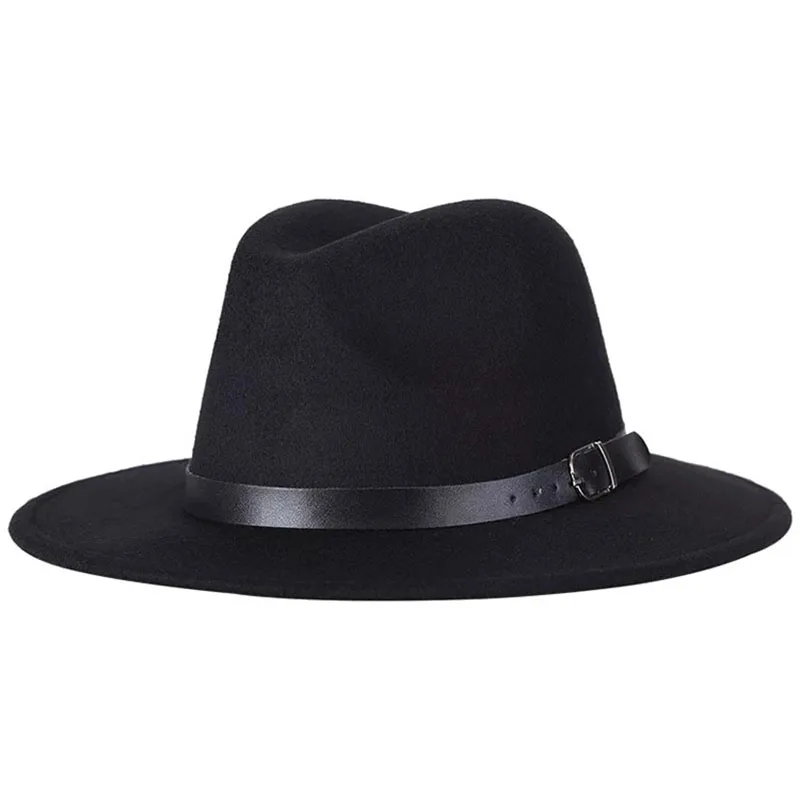

Man Women Cap Big Brim Fedora British Style Vintage Woolen Hat Jazz Hats Fashion Belt Autumn Winter