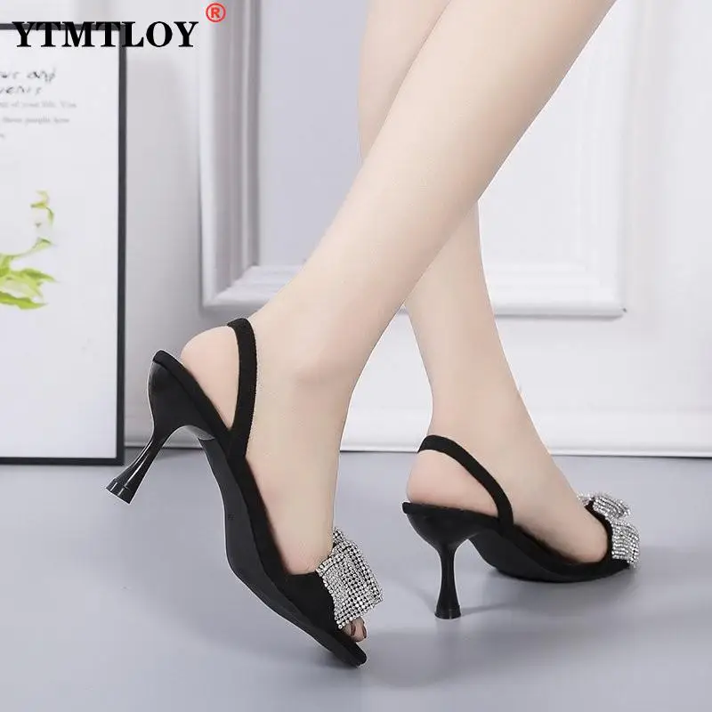 Туфли женские с открытым носком элегантные шлепанцы высокий тонкий каблук