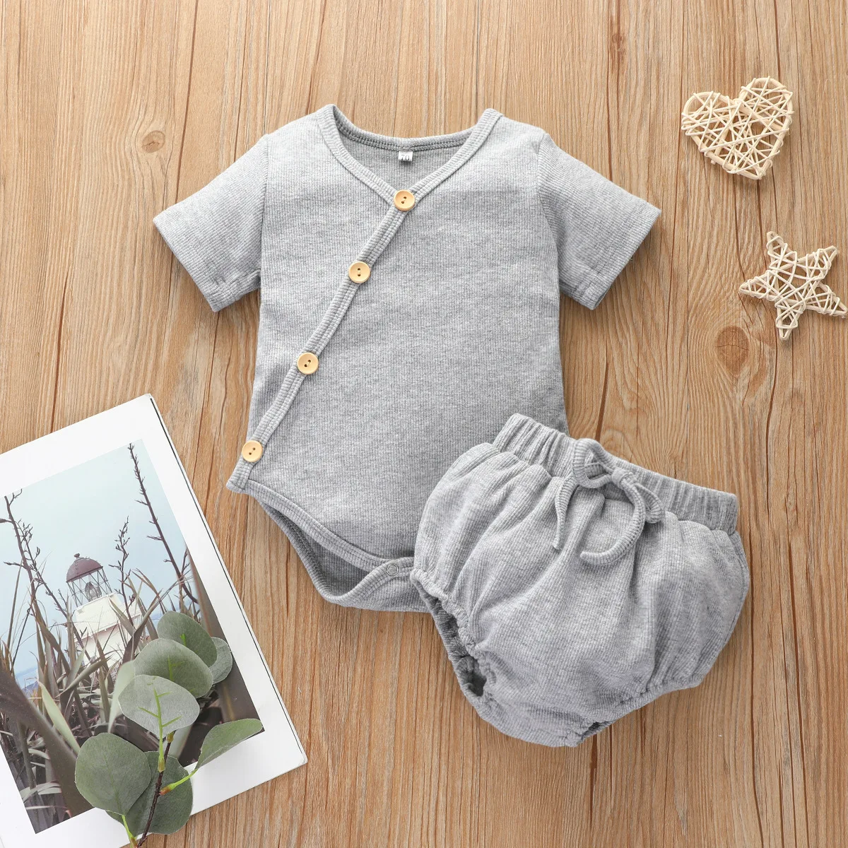 

Newborn Infant Clothes Set Solid Baby Boy Girl Clothes Shorts Sleeve Romper Bodysuit Shorts Baby Boys 2Pcs Clothing