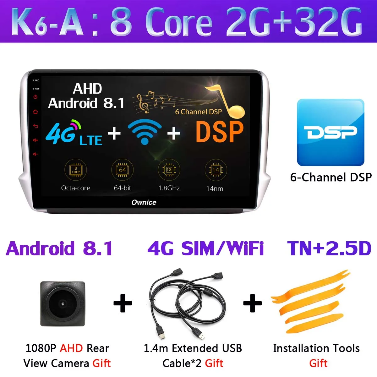 K6-A 1din 360 ° панорамная камера 4G LTE Android 9,0 4G+ 64G DSP CarPlay Автомобильный мультимедийный плеер для peugeot 2008 208- gps радио - Цвет: K6-A