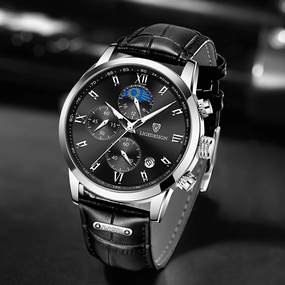 Часы наручные LIGE мужские с кожаным ремешком брендовые Роскошные