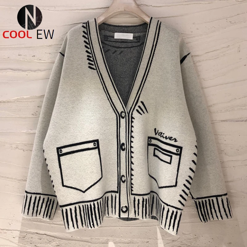

2021 Hot New Fashion Clothing Casual Loose Sweaters For Women Print V Neck Long Sleeve Plus Size Elegant Cardigans Female