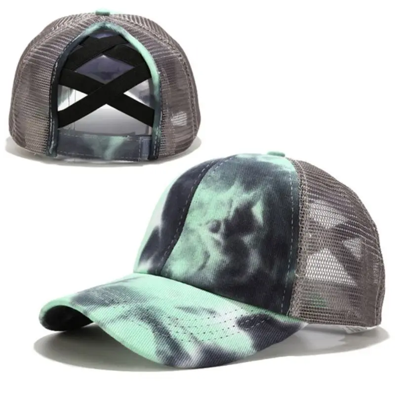 

Women Colorful Tie-Dye Baseball Cap Criss Cross Ponytail Mesh Back Trucker Hat