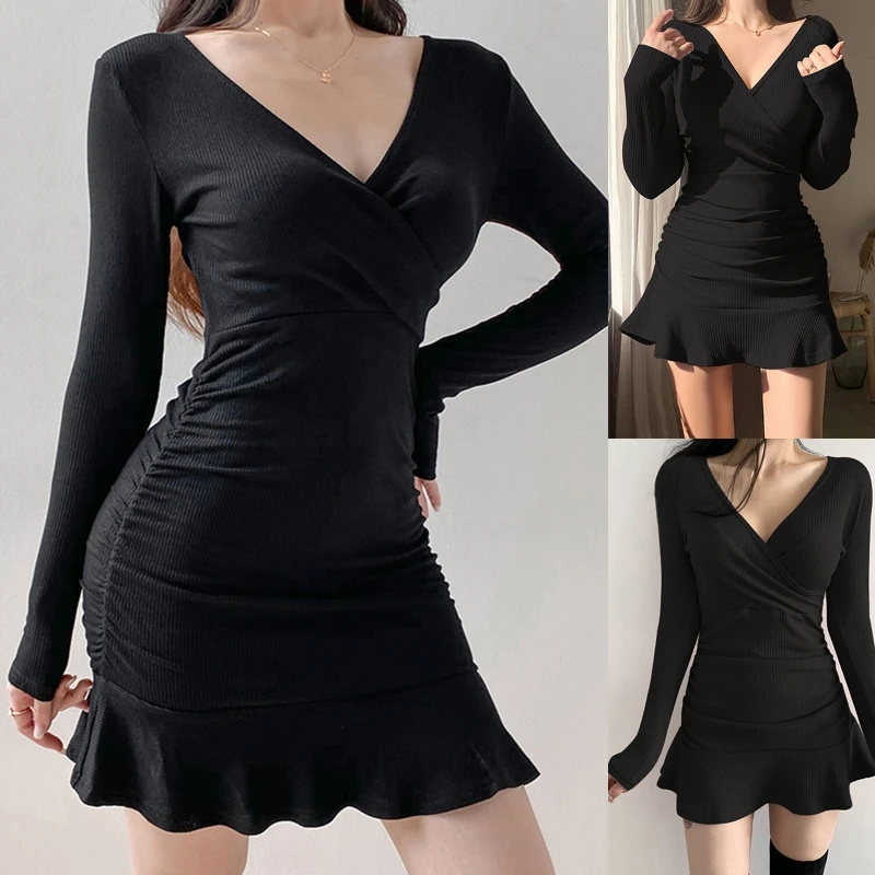 

Women Long Sleeve V-Neck Ruffles Mini Dress Ruched High Waist Ribbed Clubwear