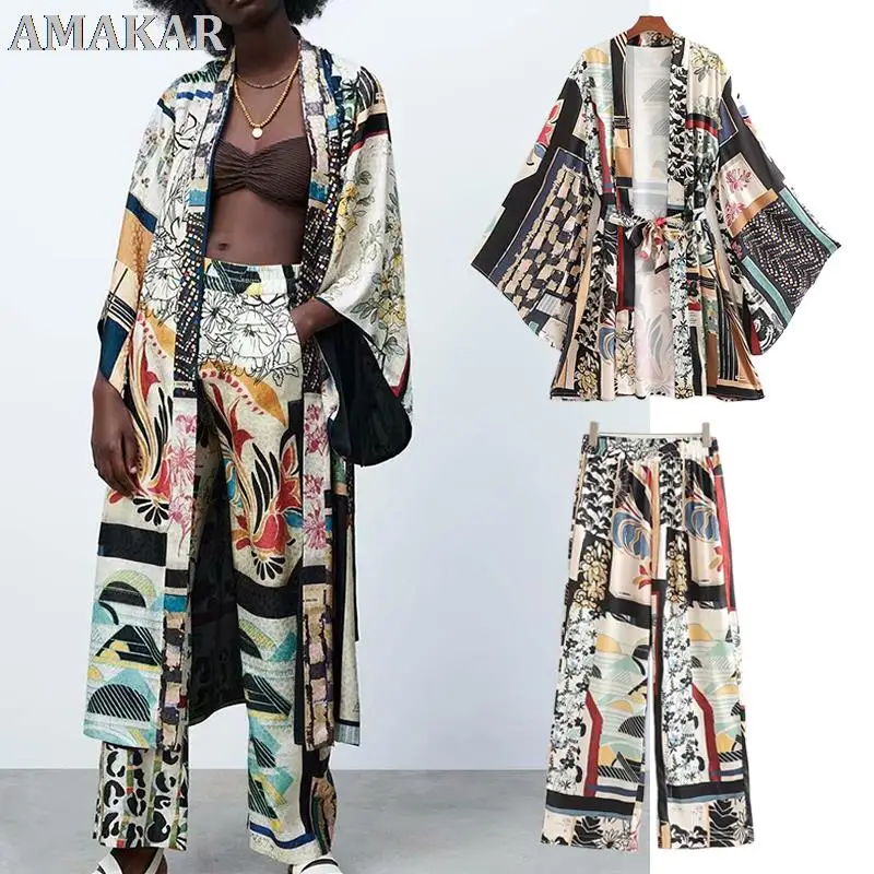 

2pcs Women ZA Shirts +Trousers Suit 2021 Summer Full Printed X-Long Loose Blouse Set Female Pants Casual Clothes
