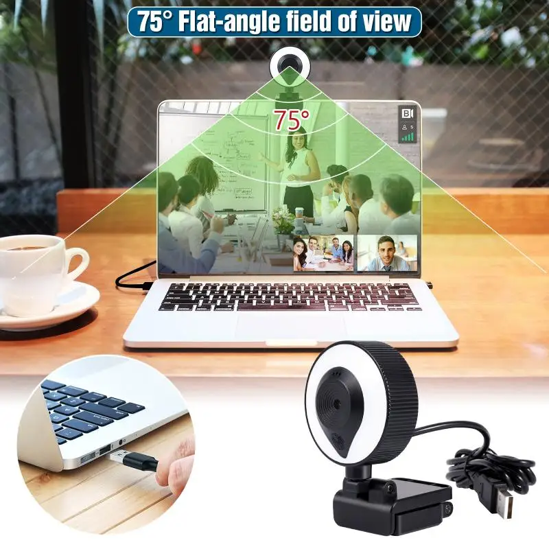 

USB Computer Camera Auto Zoom Live Beauty Fill Light Ultra Wide-angle Camera For Live Broadcast Video Calling Conference Work
