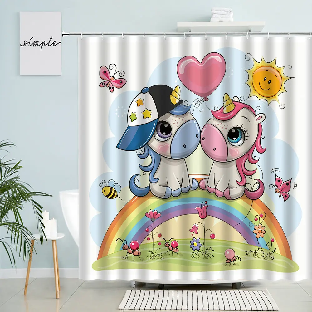 

Cartoon Unicorn Shower Curtain Kids Bathroom Butterfly Flower Love Rainbow Fun Animal Waterproof Polyester Screen With Hook Set