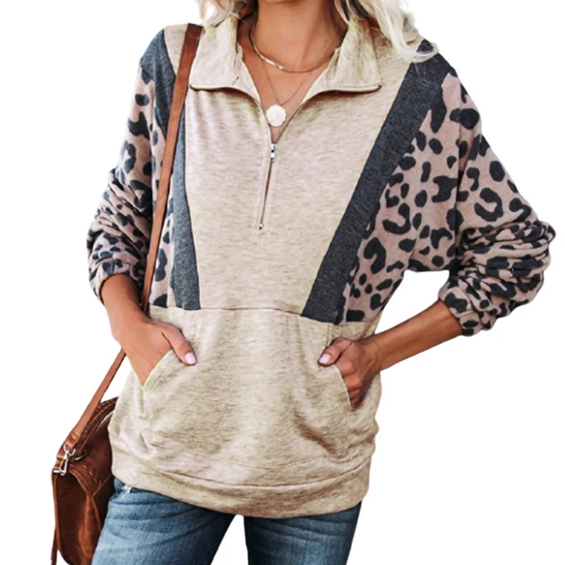 Женский свитшот с леопардовым принтом повседневный Свободный пуловер на молнии