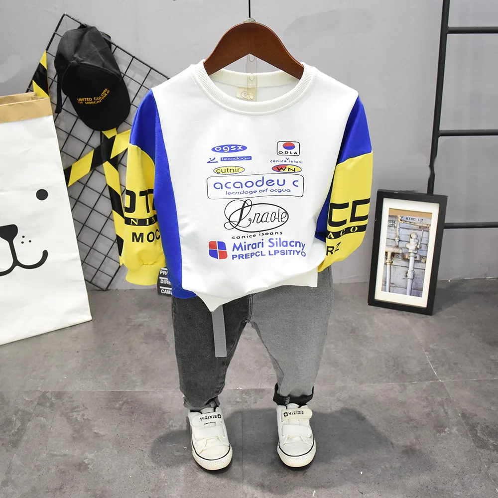 

Spring Hot Sale Baby Boys Stitching T-shirt and jeans Outfit letter printing Tops+ Pants Outfits 2pcs Set Toddler Kids Boy Cloth