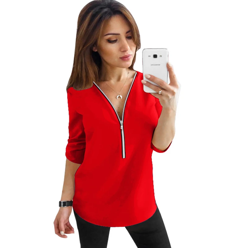 

Летняя женская блузка из шифона с v-образным вырезом, на молнии, с длинным рукавом, свободные рубашки 2022, модный новый стиль, винтажные офисны...
