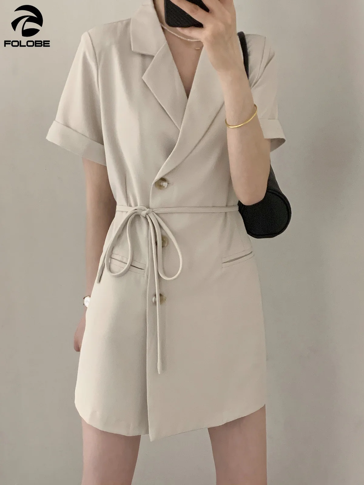 

FOLOBE Korean Fashion Suit Dresses Women V-neck Short Sleeve Pocket Slash A-line Office Lady Solid Mini Dresses vestido feminino