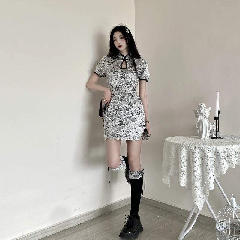 

Chinese Style Harajuku Ghost Horse Dresses Vintage Buckle Cheongsam Short Sleeve Sexy Split Dragon Pattern Slim Party Dresses