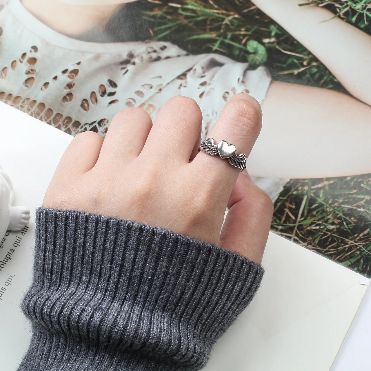 

Thai Silver Retro Love Angel Wings Rings European and American Trendy Female Ring Hand Jewelry For Women Opening Adjustable