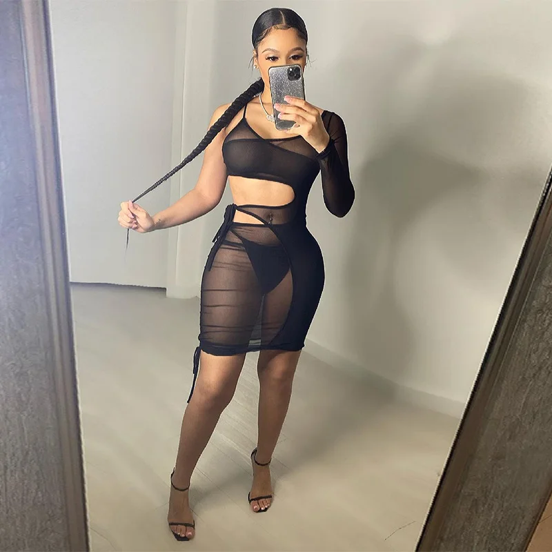 2021 New Sexy Hollow Mesh Sheer Mini Bodycon Dress Casual One-Shoulder Long Sleeve Skinny False 2Pcs Short Dress