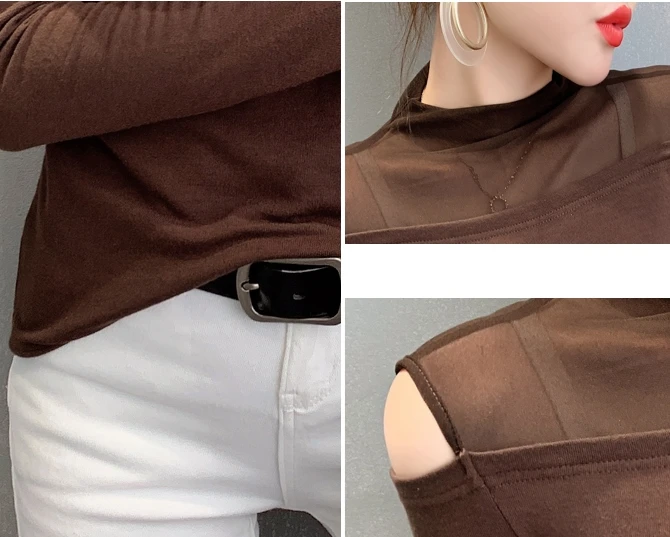 

Fall Winter Korean Clothes Mock Neck T-shirt Fashion Sexy Patchwork Mesh Off Shoulder Cotton Women Tops Ropa Mujer Tees T08624L