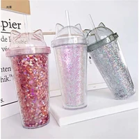 sequined bpa free water bottle with straw plastic flash cat ear double wall drinking bottle coffee juice cup