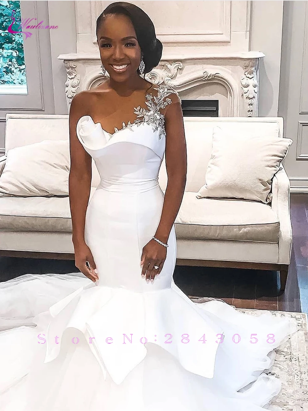 

Waulizane One-Shoulder SKin Nude Tulle Strap Of Mermaid Wedding Dress Satin Chapel Train