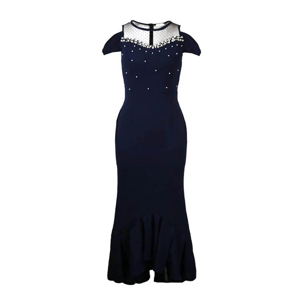 Autumn Women's Sexy See-through Mesh Patchwork Beaded High Waist Plus Size Evening Dress Elastic Party Dresses | Свадьбы и