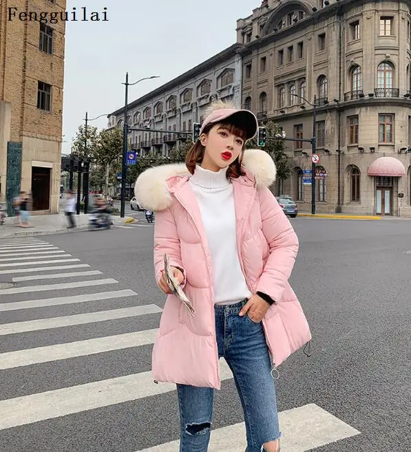 Корейская мода Женское зимнее пальто Черная куртка с капюшоном и воротником из