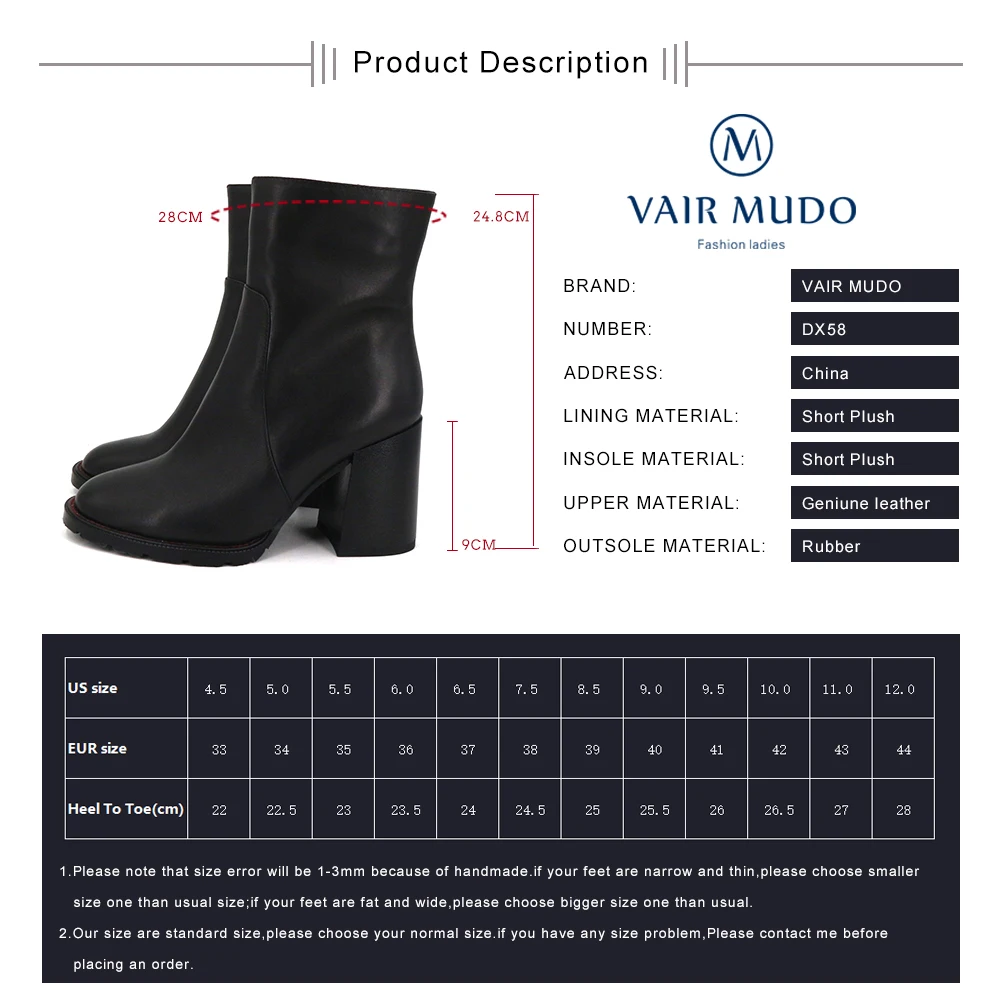 

VAIR MUDO High Quality Ankle Boot Genuine Leather Black Winter Shoes Women Thick Heels Non-slip Warm Lining Elegant Boots DX56