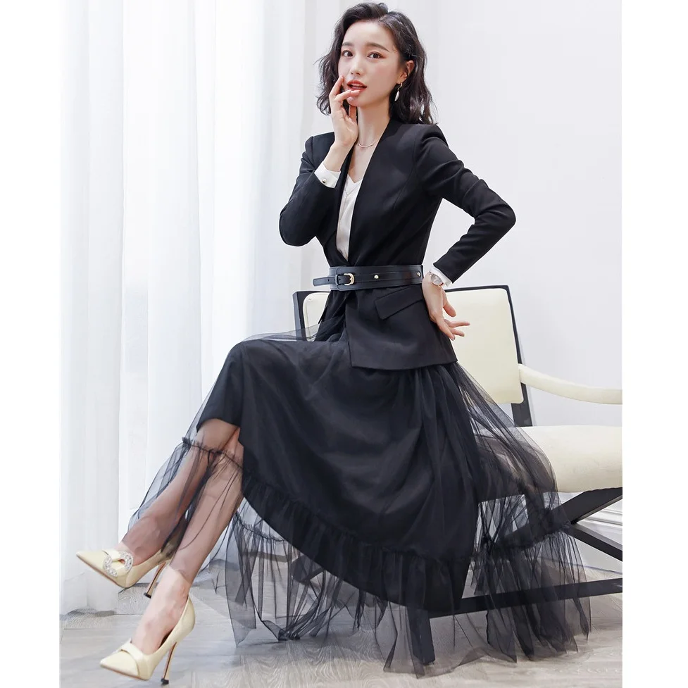 Офисный женский черный Блейзер женские деловые костюмы с юбкой и курткой одежда