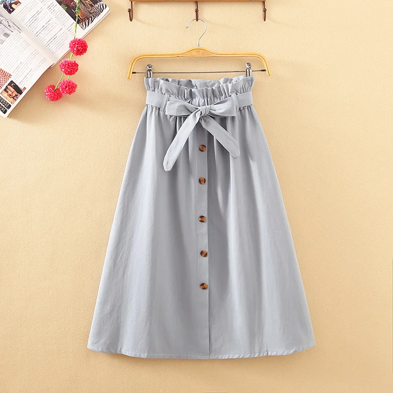

2020 Summer Autumn Women Mid Knee-Length Skirt High Waist Single-row Button A-line Solid Color Ladies Bow Pleated Skirt