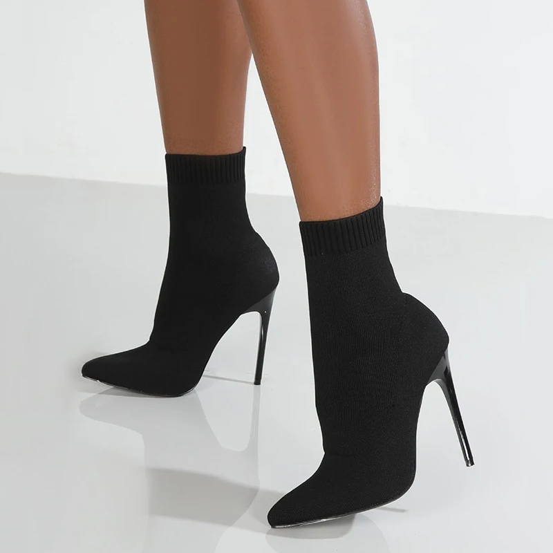 

Осенние сексуальные трикотажные короткие ботинки для женщин, модные ботильоны на высоком каблуке с острым носком, эластичные ботинки-носки