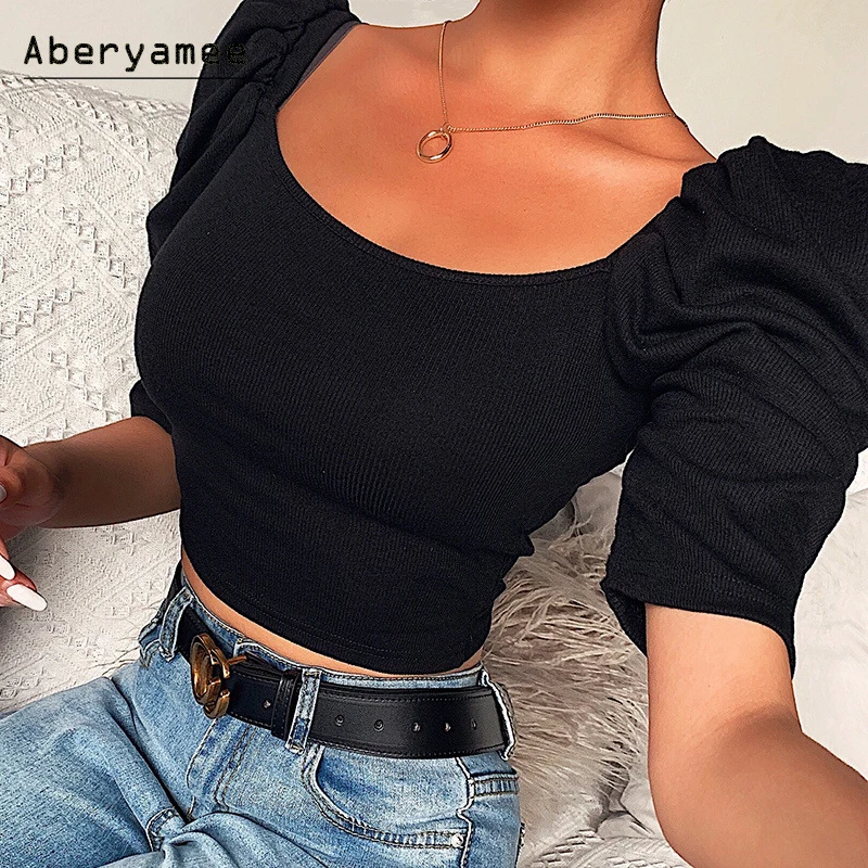 Женская футболка с рукавами фонариками Aberyamee оранжевый белый черный укороченный