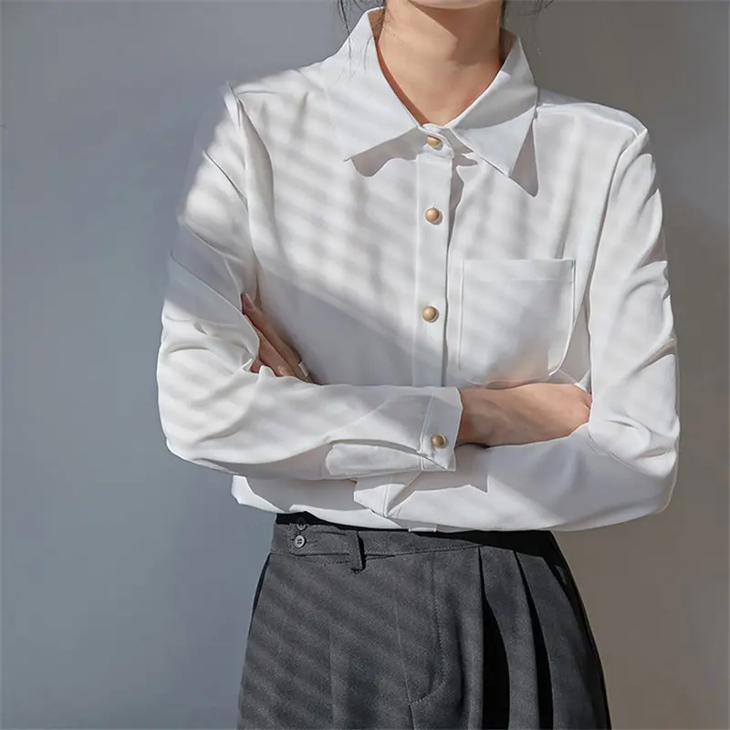 

HziriP Minimalist White Vintage All Match Shirts 2021 Full Sleeves New Arrival Plus Size Women Solid Loose Stylish Blouses