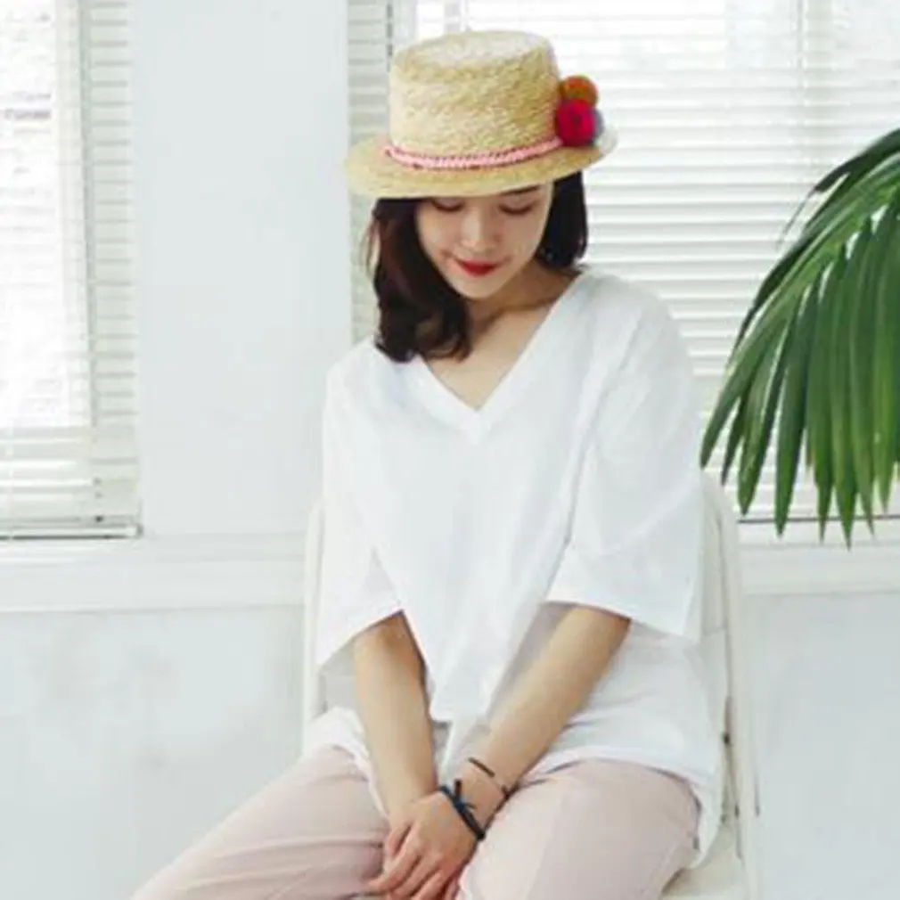 

Children'S Colored Fur Ball Raffia Hat Natural Straw Big Brim Top Hat Cute Sun Hat Summer Sun Protection Beach Hat