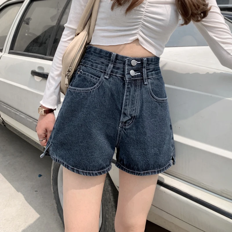 

Summer Dark Blue Baggy Jeans Shorts Woman Fashion High Waisted Two Button Fly Denim Shorts Women Casual Wide Leg Hot Pants