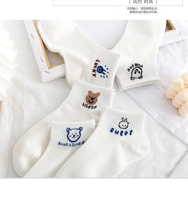 

10pieces=5pairs Woman's Socks Cartoon Printing Cute Bear Bunny Cotton Socks Summer Thin Short Ankle Socks