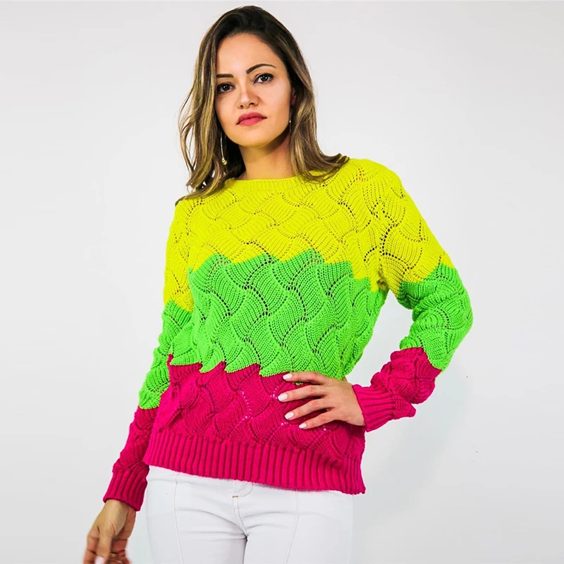 Sweater Women Knitted Pullover Autumn Winter Patchwork Color Long Sleeve Sweaters Crewneck Ladies Jumper Mit Streifen | Женская одежда