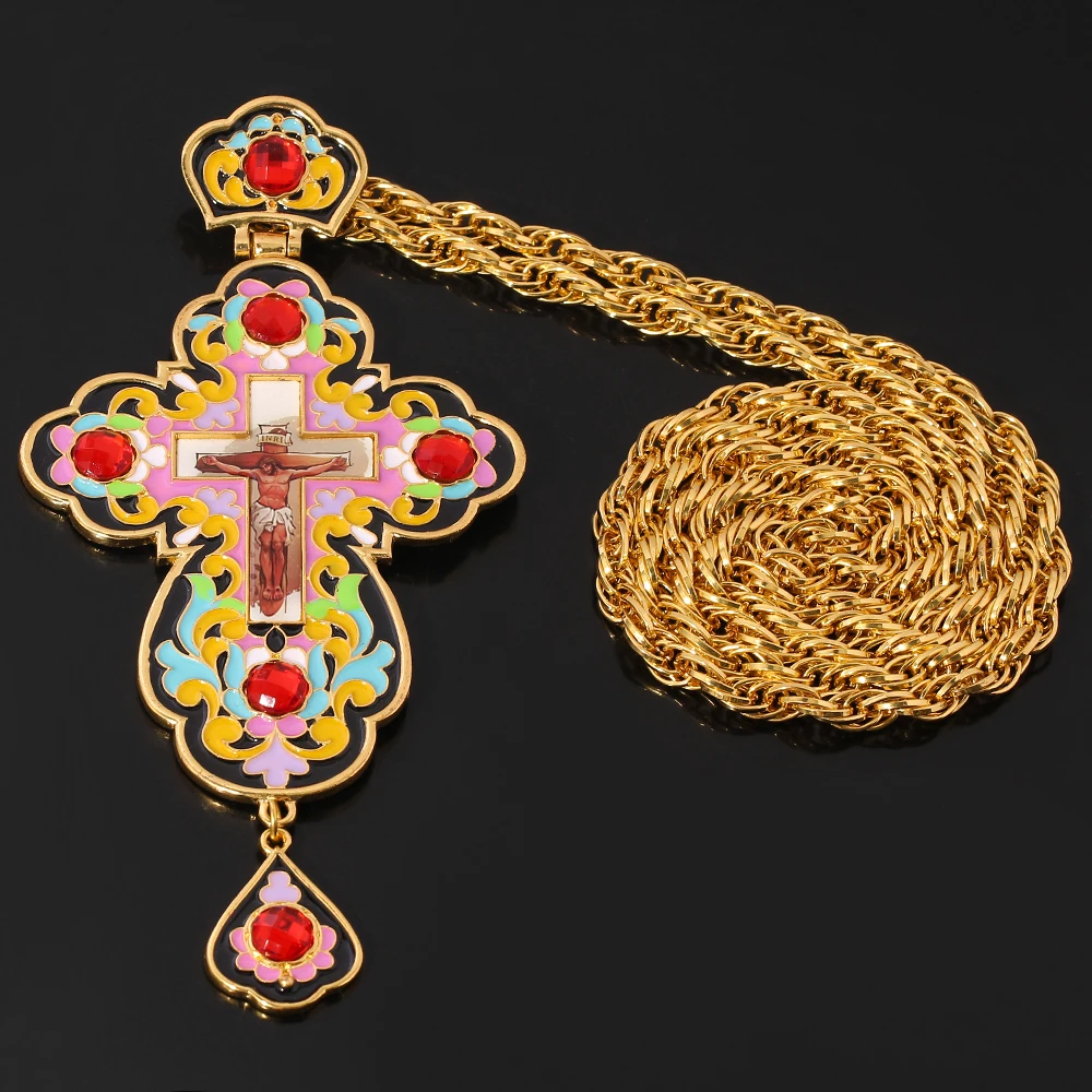 Ожерелье с подвеской в виде нагрудного Креста красные кристаллы красочное масло