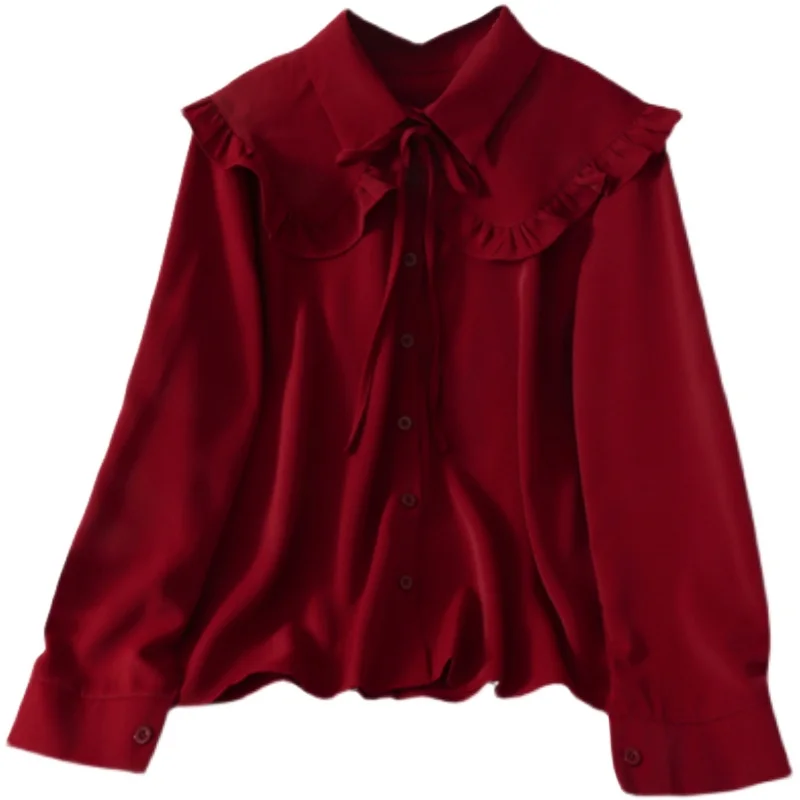 Vintage Sweet White Shirt Women Korean Lace Up Peter Pan Collar Blouses Spring Autumn Elegant Office Work Long Sleeve Ladies Top | Женская