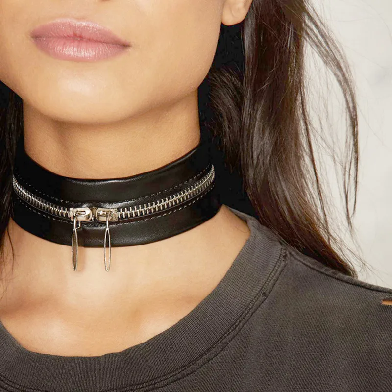 

FUNK TOP Punk Torques Street Shoot Trend Creative Zipper PU Leather Choker Neck Chain Clavicle Necklace Hiphop Black Gothic 2020