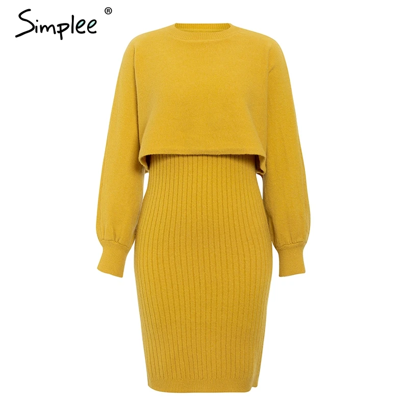 Long Yellow Simplee элегантный 2 шт. женское трикотажное платье, тонкое, без рукавов, платье-свитер, Осень-зима, Женский пуловер, свитер комплект с платьем - Цвет: Long Yellow
